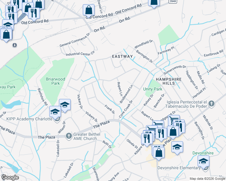 map of restaurants, bars, coffee shops, grocery stores, and more near 407 Stirrup Court in Charlotte
