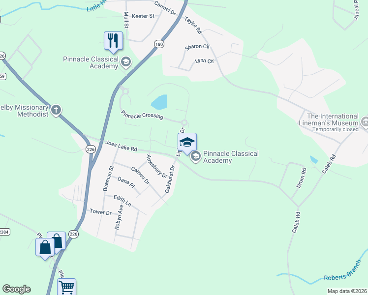 map of restaurants, bars, coffee shops, grocery stores, and more near 1801 Oakhurst Drive in Shelby