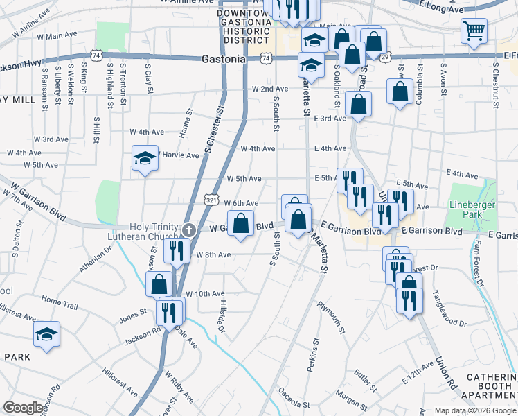 map of restaurants, bars, coffee shops, grocery stores, and more near 207 West 6th Avenue in Gastonia