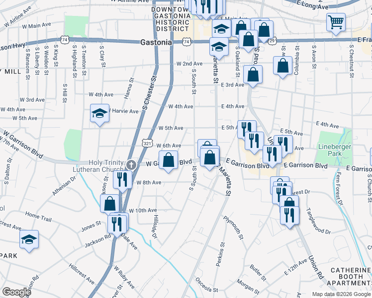 map of restaurants, bars, coffee shops, grocery stores, and more near 207 West 6th Avenue in Gastonia