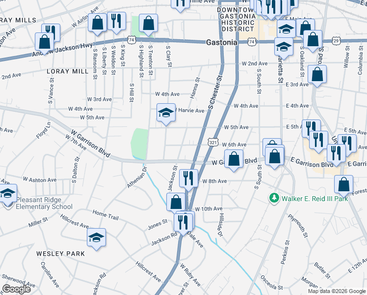map of restaurants, bars, coffee shops, grocery stores, and more near 708 Jackson Street in Gastonia