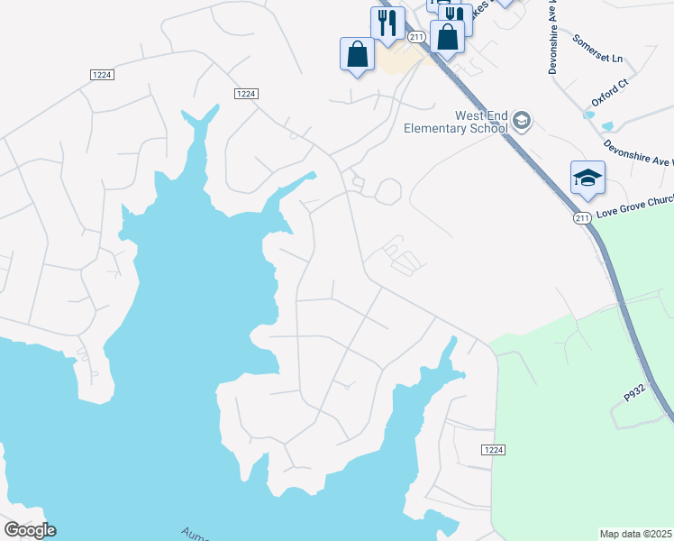 map of restaurants, bars, coffee shops, grocery stores, and more near 107 Myrick Court in Seven Lakes