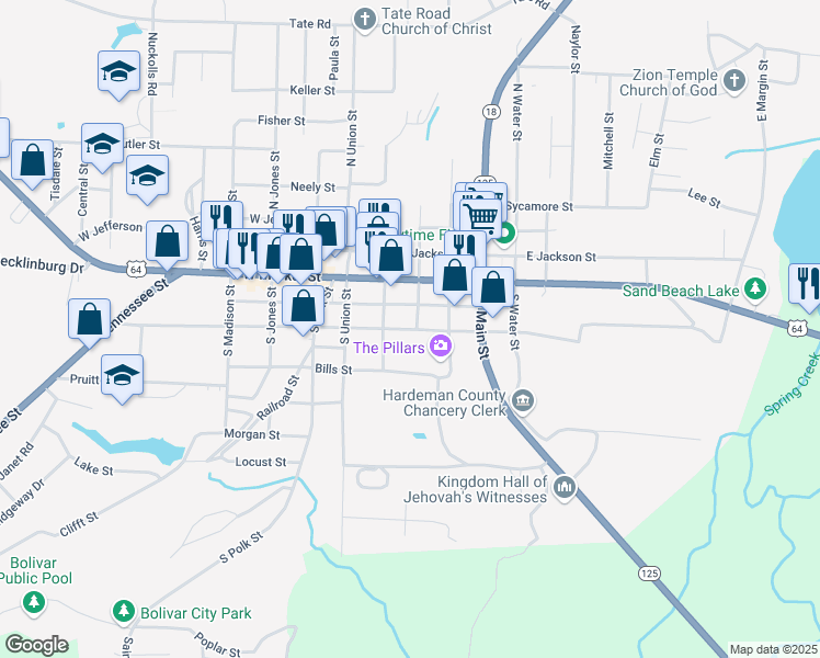 map of restaurants, bars, coffee shops, grocery stores, and more near 322 West McNeal Street in Bolivar