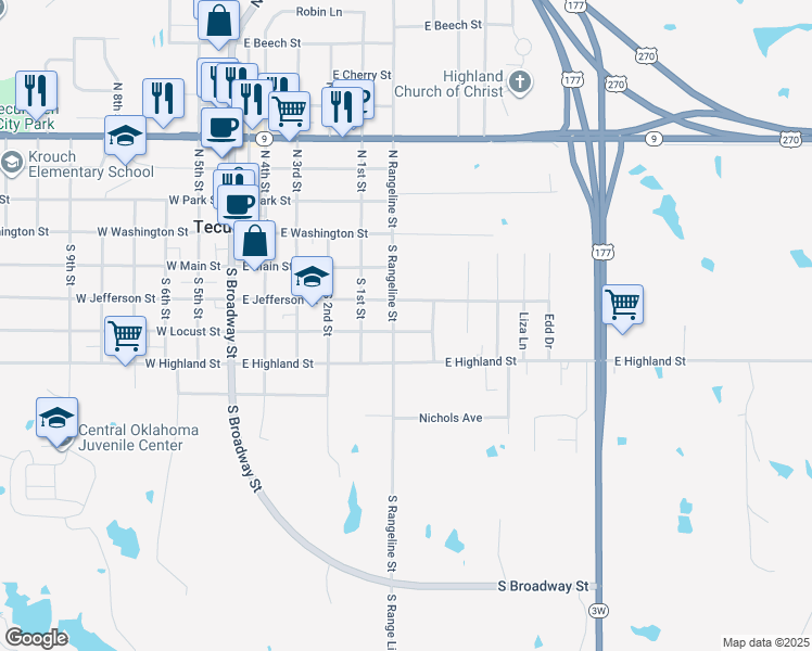 map of restaurants, bars, coffee shops, grocery stores, and more near 604 East Locust Street in Tecumseh