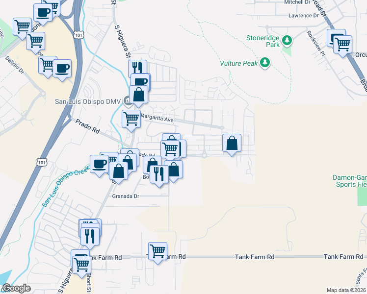 map of restaurants, bars, coffee shops, grocery stores, and more near 311 Junipero Way in San Luis Obispo