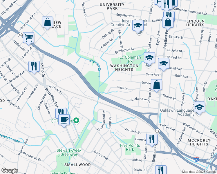 map of restaurants, bars, coffee shops, grocery stores, and more near 2720 Pitts Drive in Charlotte