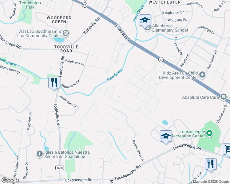 map of restaurants, bars, coffee shops, grocery stores, and more near 2104 Cranberry Woods Court in Charlotte