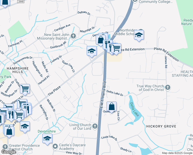map of restaurants, bars, coffee shops, grocery stores, and more near 4523 John Penn Circle in Charlotte
