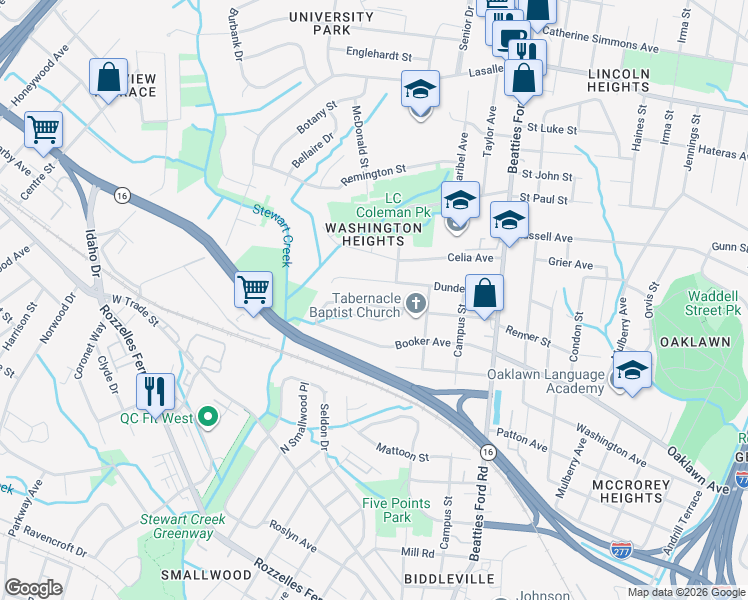 map of restaurants, bars, coffee shops, grocery stores, and more near 2518 Pitts Drive in Charlotte