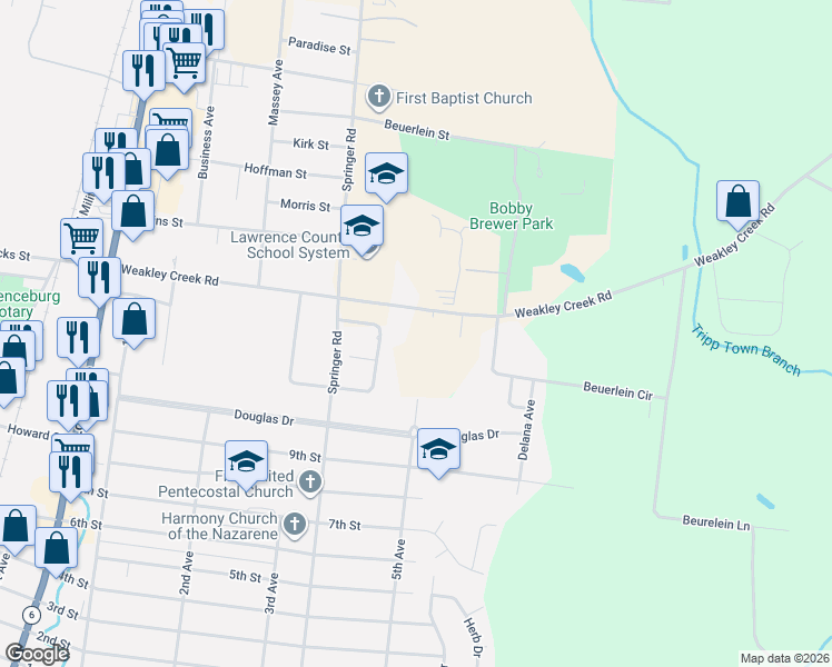 map of restaurants, bars, coffee shops, grocery stores, and more near 435 Weakley Creek Road in Lawrenceburg
