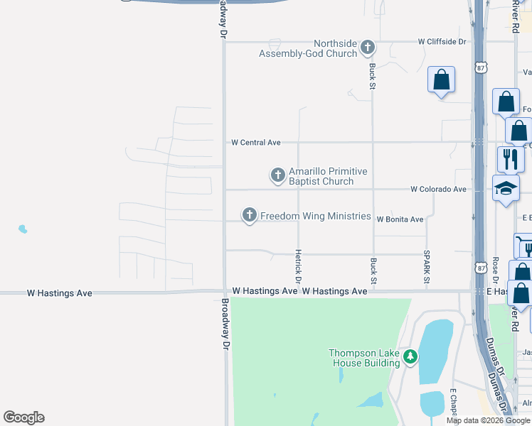 map of restaurants, bars, coffee shops, grocery stores, and more near 930 West Bonita Avenue in Amarillo