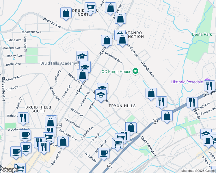 map of restaurants, bars, coffee shops, grocery stores, and more near 617 Colorado Avenue in Charlotte