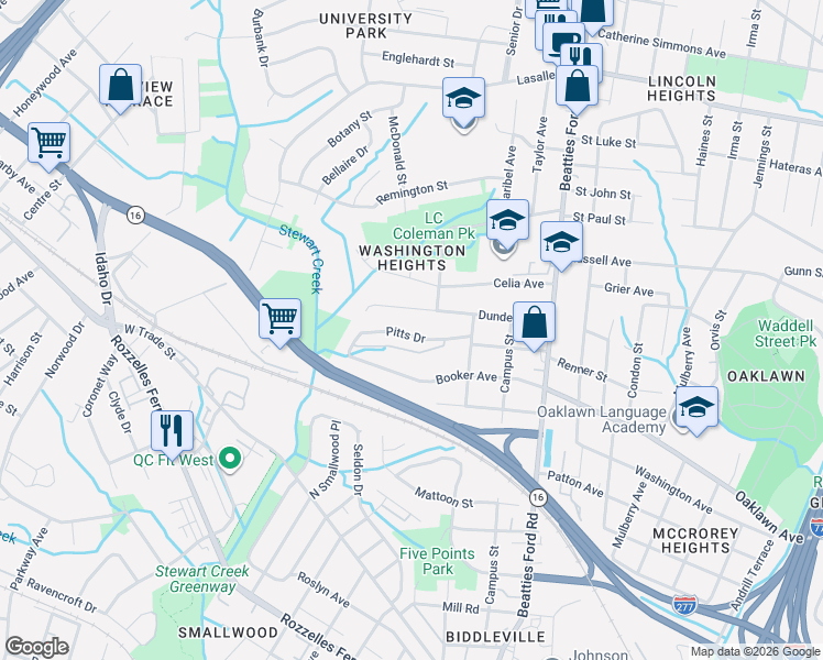 map of restaurants, bars, coffee shops, grocery stores, and more near 1015 Pitts Drive in Charlotte