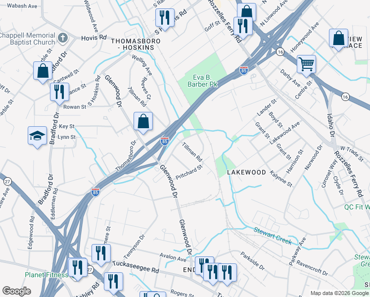 map of restaurants, bars, coffee shops, grocery stores, and more near 3939 Tillman Road in Charlotte