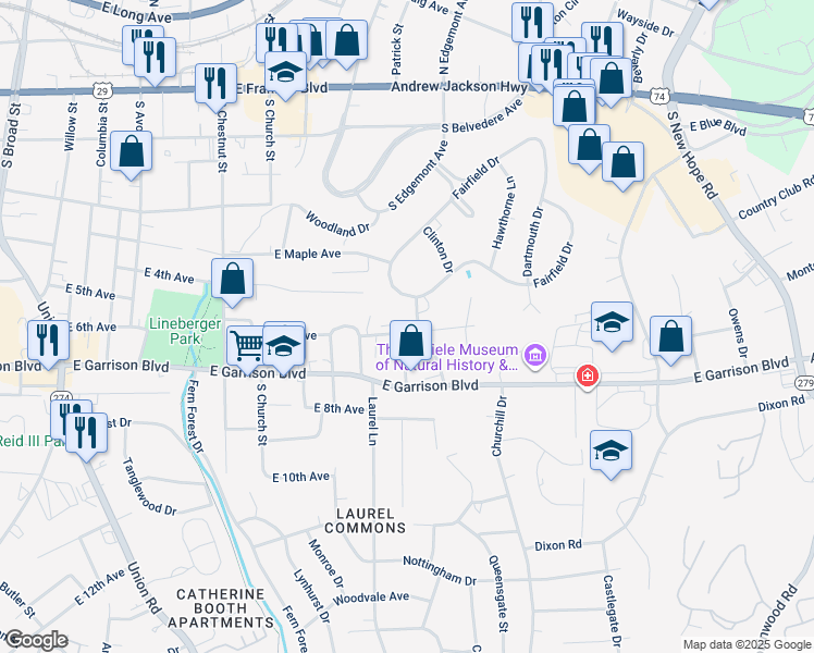 map of restaurants, bars, coffee shops, grocery stores, and more near 701 Peachtree Street in Gastonia