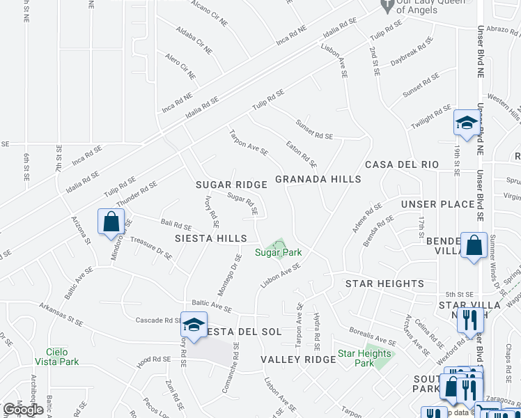 map of restaurants, bars, coffee shops, grocery stores, and more near 217 Sugar Ridge Loop Southeast in Rio Rancho