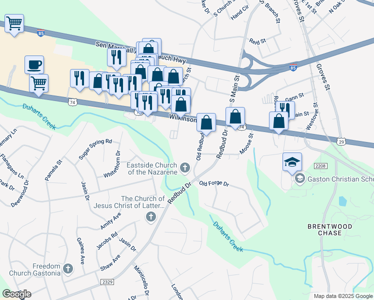 map of restaurants, bars, coffee shops, grocery stores, and more near 4148 Gardner Ridge Drive in Gastonia