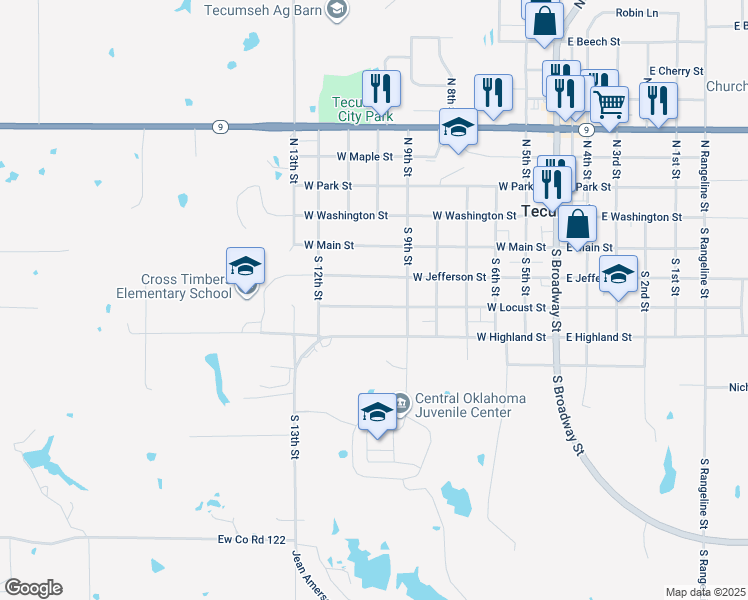 map of restaurants, bars, coffee shops, grocery stores, and more near 703 West Locust Street in Tecumseh