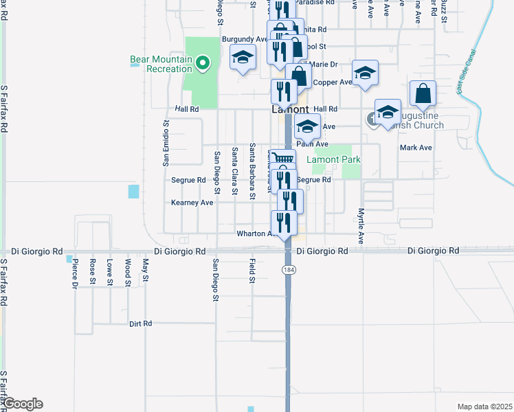 map of restaurants, bars, coffee shops, grocery stores, and more near 11008 Santa Barbara Street in Lamont