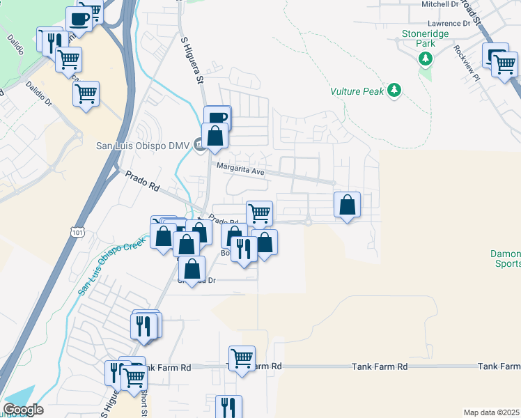 map of restaurants, bars, coffee shops, grocery stores, and more near 3395 South Higuera Street in San Luis Obispo
