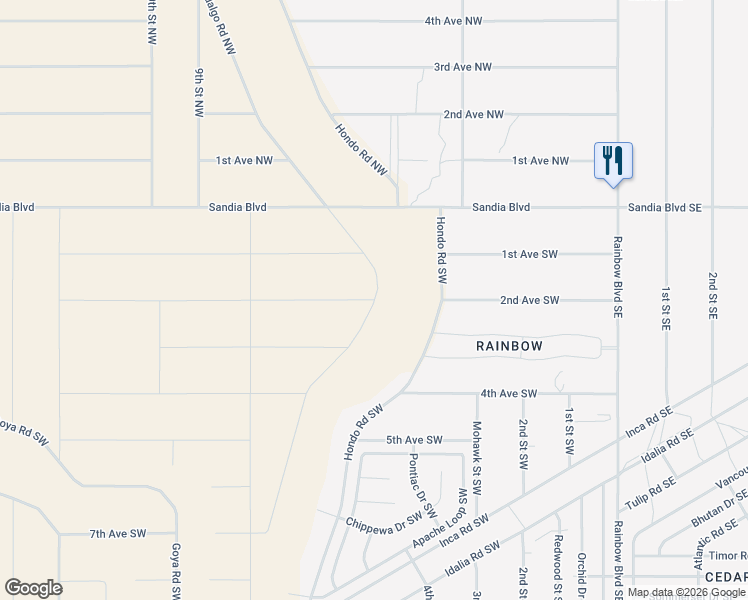 map of restaurants, bars, coffee shops, grocery stores, and more near 2nd Avenue Southwest in Rio Rancho