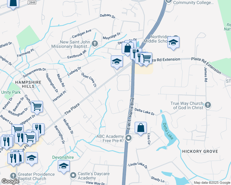 map of restaurants, bars, coffee shops, grocery stores, and more near 4535 John Penn Circle in Charlotte