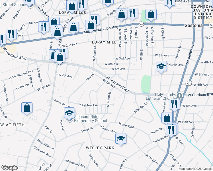 map of restaurants, bars, coffee shops, grocery stores, and more near 809 South Dalton Street in Gastonia