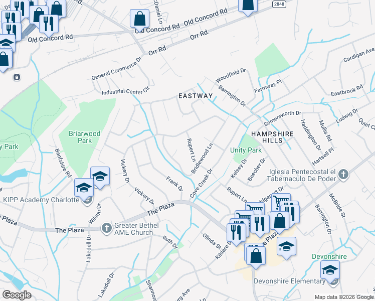 map of restaurants, bars, coffee shops, grocery stores, and more near 407 Stirrup Court in Charlotte