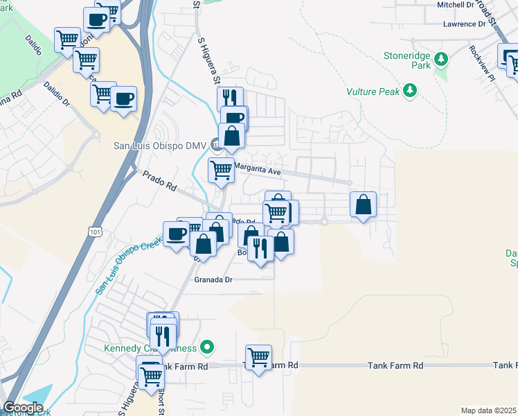 map of restaurants, bars, coffee shops, grocery stores, and more near 225 Prado Road in San Luis Obispo