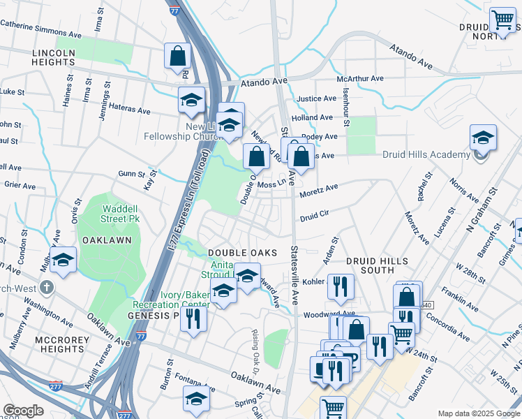 map of restaurants, bars, coffee shops, grocery stores, and more near 3318 Bending Birch Place in Charlotte