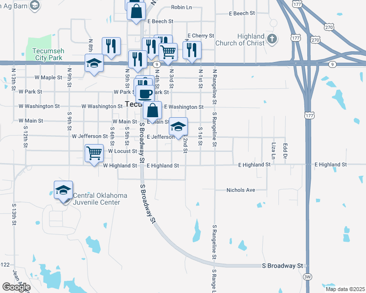 map of restaurants, bars, coffee shops, grocery stores, and more near 315 East Locust Street in Tecumseh