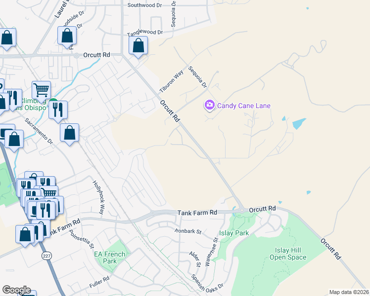map of restaurants, bars, coffee shops, grocery stores, and more near 1451 Hansen Lane in San Luis Obispo
