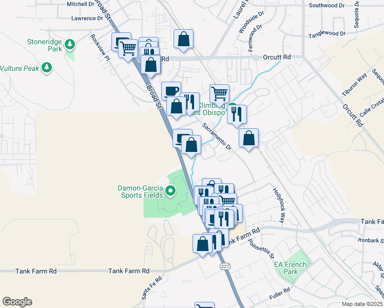 map of restaurants, bars, coffee shops, grocery stores, and more near 3594 Broad Street in San Luis Obispo