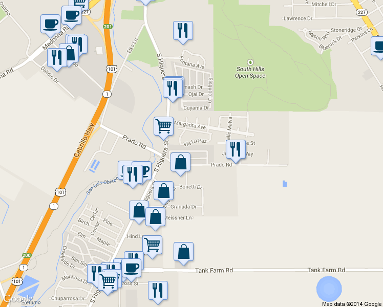 map of restaurants, bars, coffee shops, grocery stores, and more near 225 Prado Road in San Luis Obispo