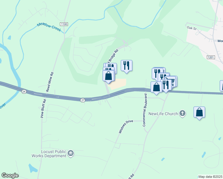 map of restaurants, bars, coffee shops, grocery stores, and more near 11602 Red Bridge Road in Locust