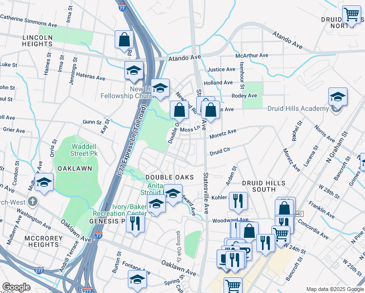 map of restaurants, bars, coffee shops, grocery stores, and more near 3318 Bending Birch Place in Charlotte