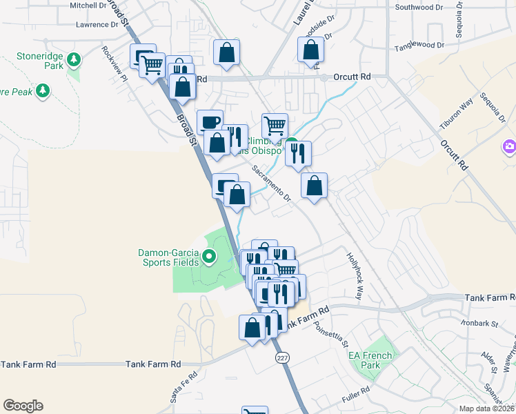 map of restaurants, bars, coffee shops, grocery stores, and more near 3591 Sacramento Drive in San Luis Obispo