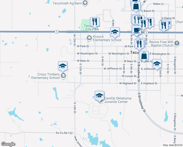 map of restaurants, bars, coffee shops, grocery stores, and more near 717 West Locust Street in Tecumseh