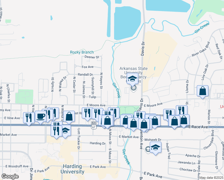 map of restaurants, bars, coffee shops, grocery stores, and more near 7 Colonial Heights Street in Searcy
