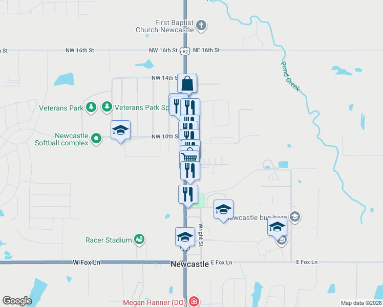map of restaurants, bars, coffee shops, grocery stores, and more near 102 Northeast 9th Street in Newcastle