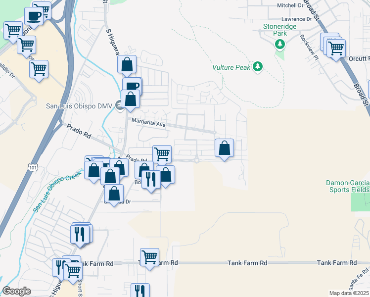 map of restaurants, bars, coffee shops, grocery stores, and more near 3251 Via Ensenada in San Luis Obispo