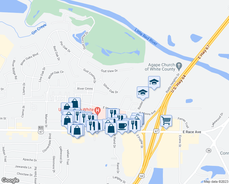 map of restaurants, bars, coffee shops, grocery stores, and more near 8 Silver Oak Drive in Searcy