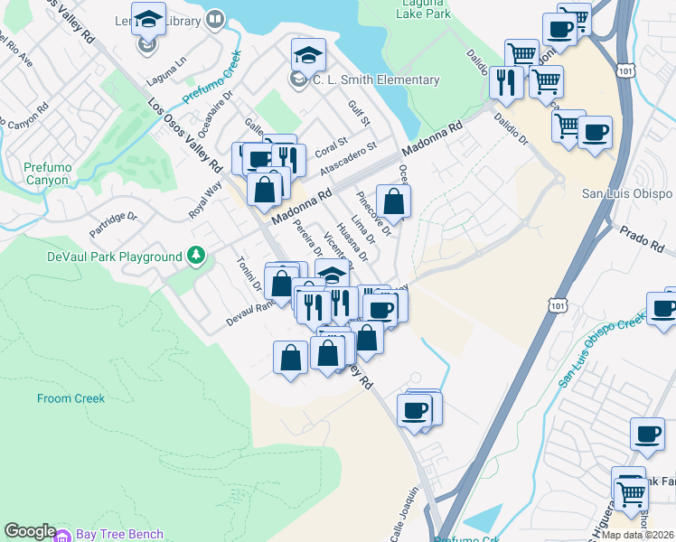 map of restaurants, bars, coffee shops, grocery stores, and more near 1403 Garcia Drive in San Luis Obispo