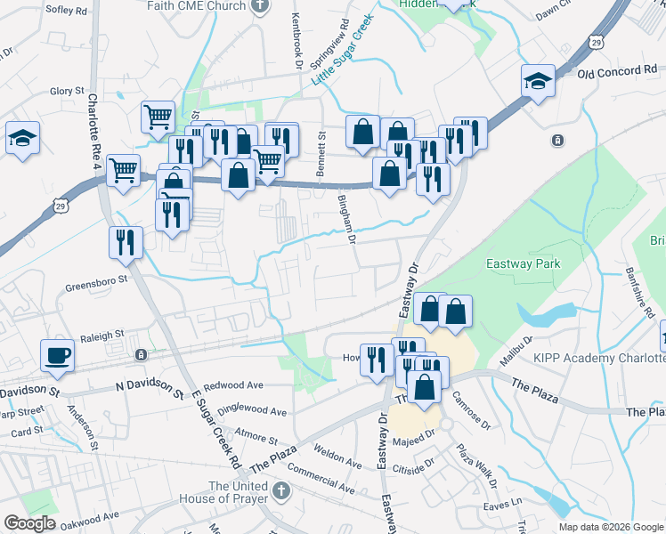 map of restaurants, bars, coffee shops, grocery stores, and more near 4909 Galax Drive in Charlotte