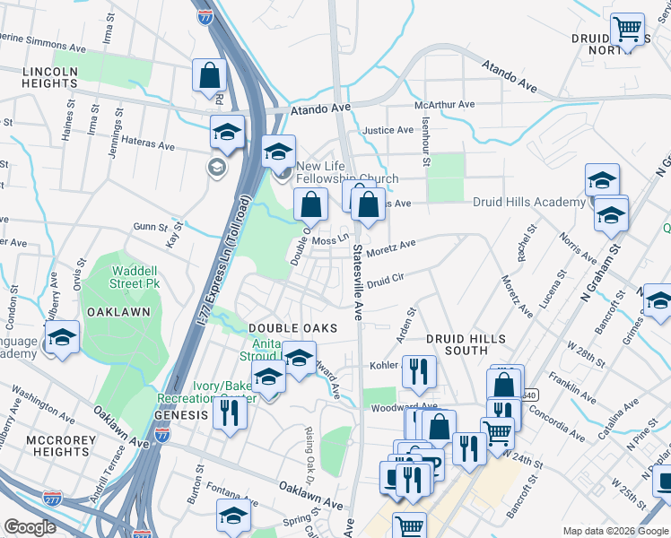 map of restaurants, bars, coffee shops, grocery stores, and more near 2435 Statesville Avenue in Charlotte