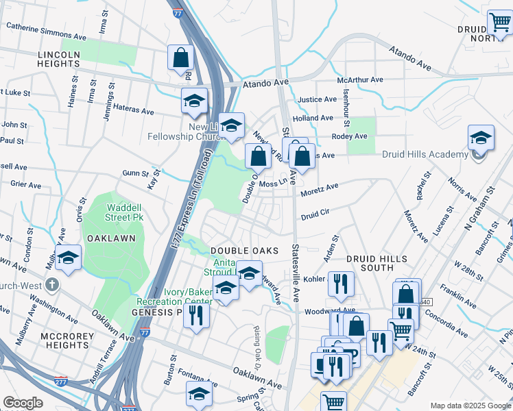 map of restaurants, bars, coffee shops, grocery stores, and more near 3318 Bending Birch Place in Charlotte