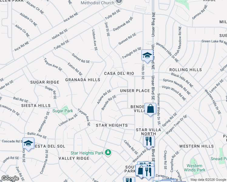 map of restaurants, bars, coffee shops, grocery stores, and more near 1730 Arlene Road Southeast in Rio Rancho