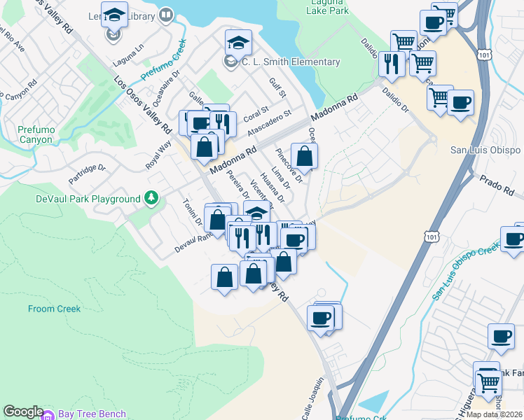 map of restaurants, bars, coffee shops, grocery stores, and more near 1403 Garcia Drive in San Luis Obispo