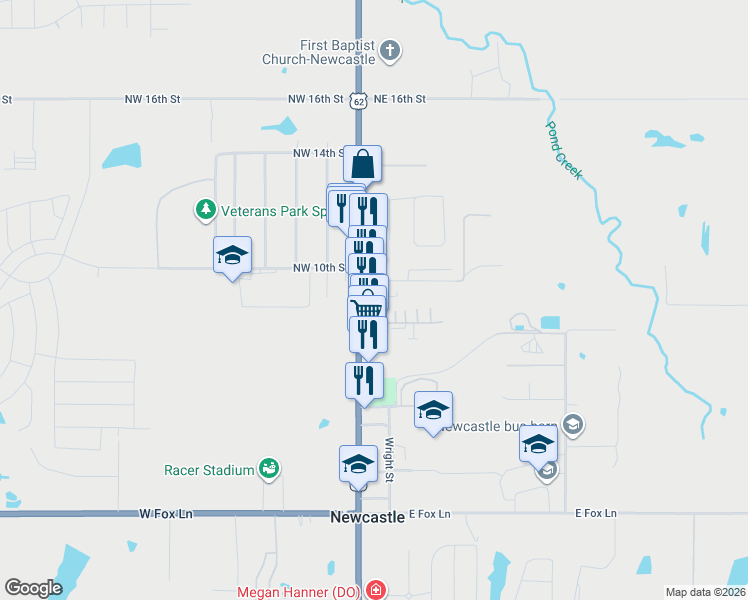 map of restaurants, bars, coffee shops, grocery stores, and more near 102 Northeast 9th Street in Newcastle