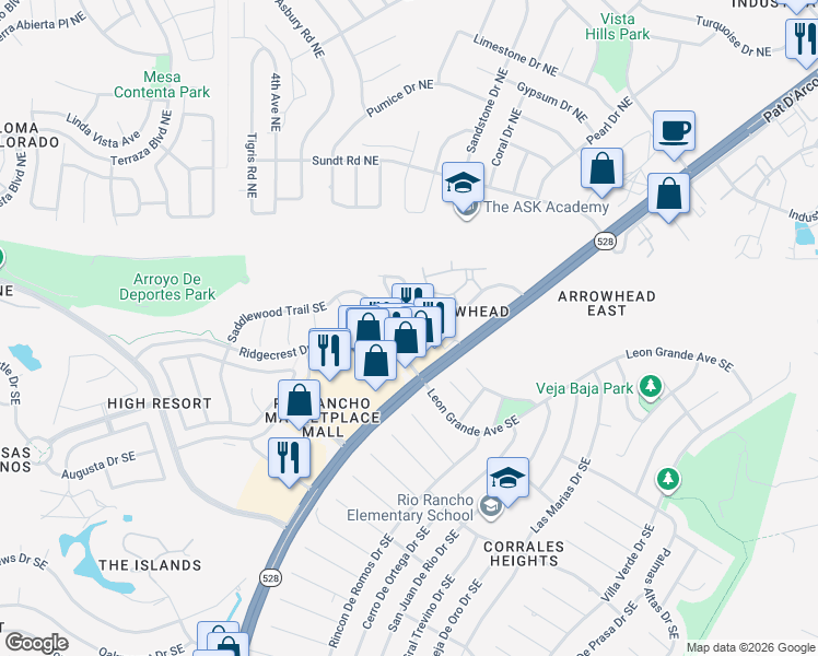 map of restaurants, bars, coffee shops, grocery stores, and more near 4515 Arrowhead Ridge Drive in Rio Rancho